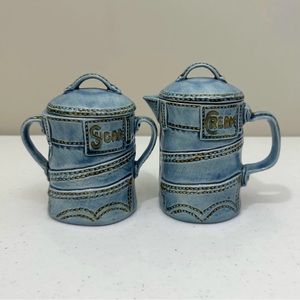 Vintage 1978 Ceramic Denim Blue Jean Creamer & Sugar Bowl w Lids Handmade RARE